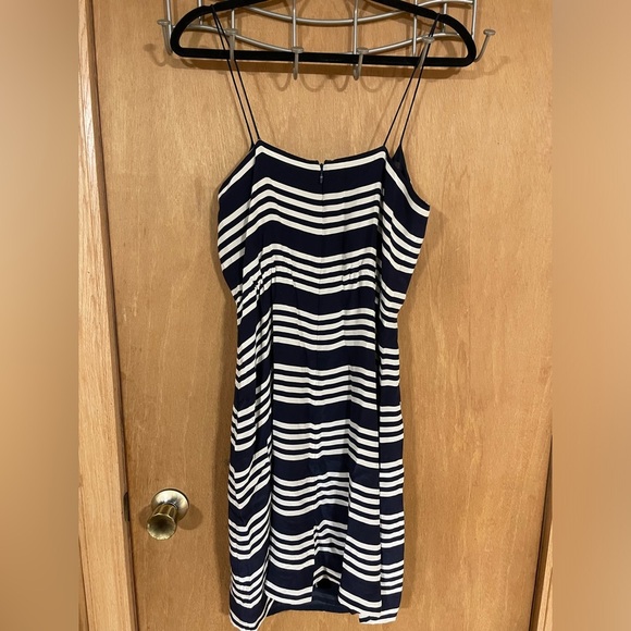 J CREW- 100% Silk Navy & Ivory Slip Dress Cinched Elastic Waist - Picture 2 of 4